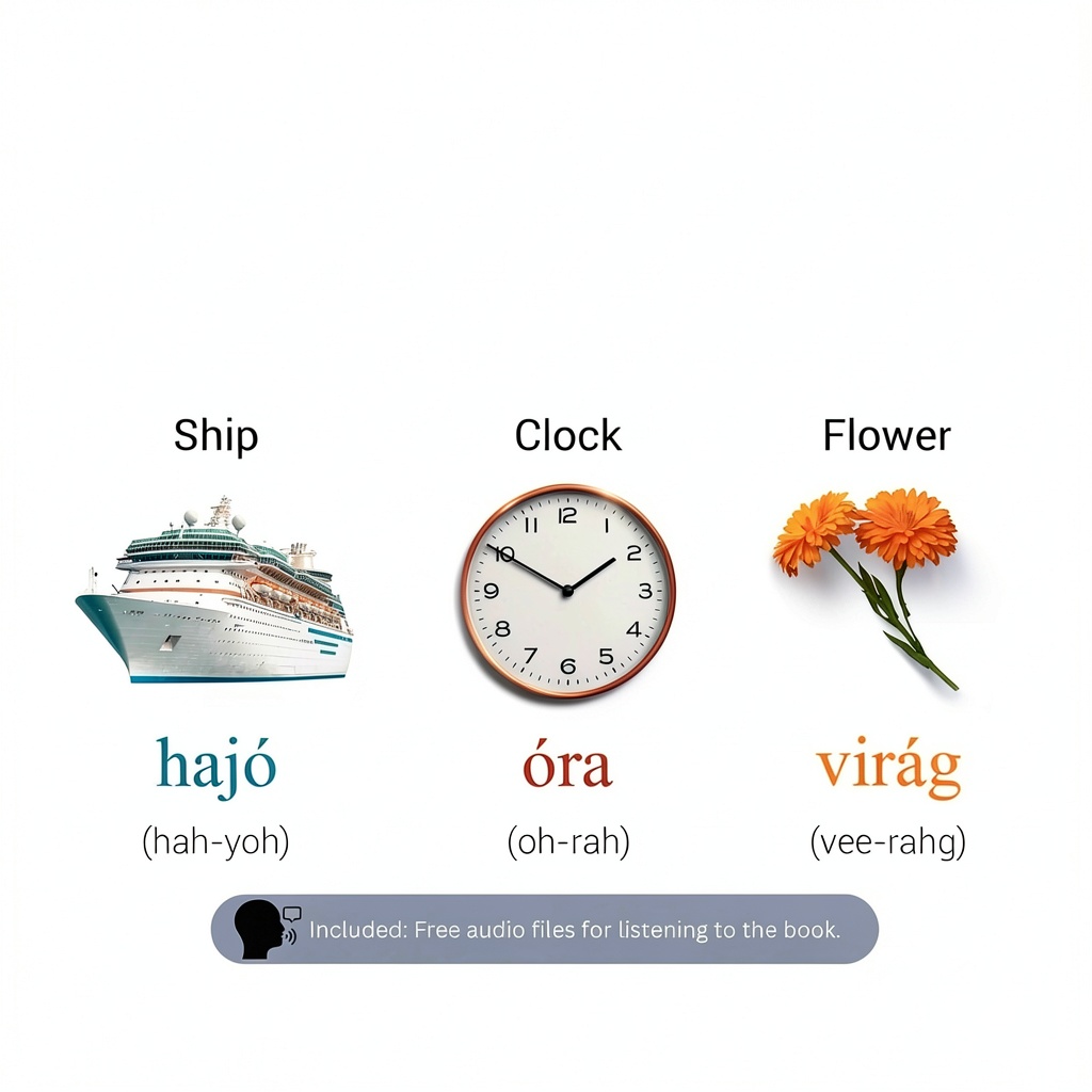 Hungarian language picture book open to vocabulary page