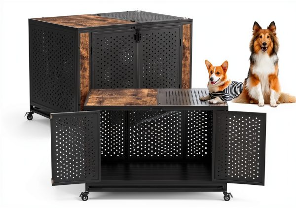 Rexwelten Dog Crate Rustic Brown Heavy Duty Enclosed Design-5